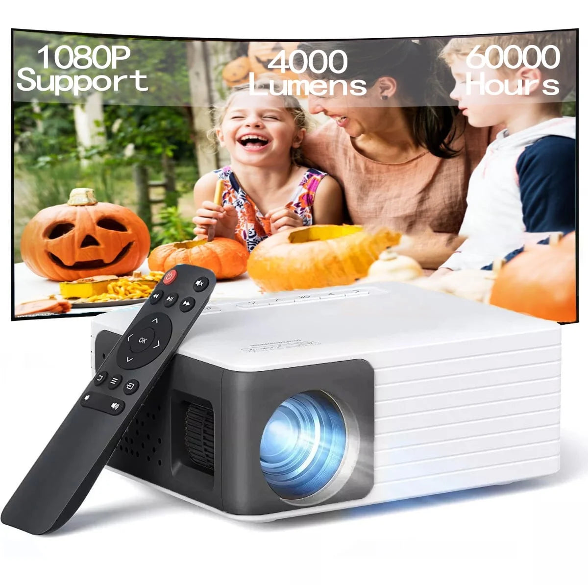Ultra Bright 1080P Mini Projector - 4000 Lumens LED Outdoor Theater with 60,000 Hours Lamp Life - Sleek Black Design