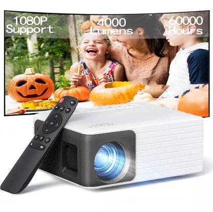 Ultra Bright 1080P Mini Projector - 4000 Lumens LED Outdoor Theater with 60,000 Hours Lamp Life - Sleek Black Design