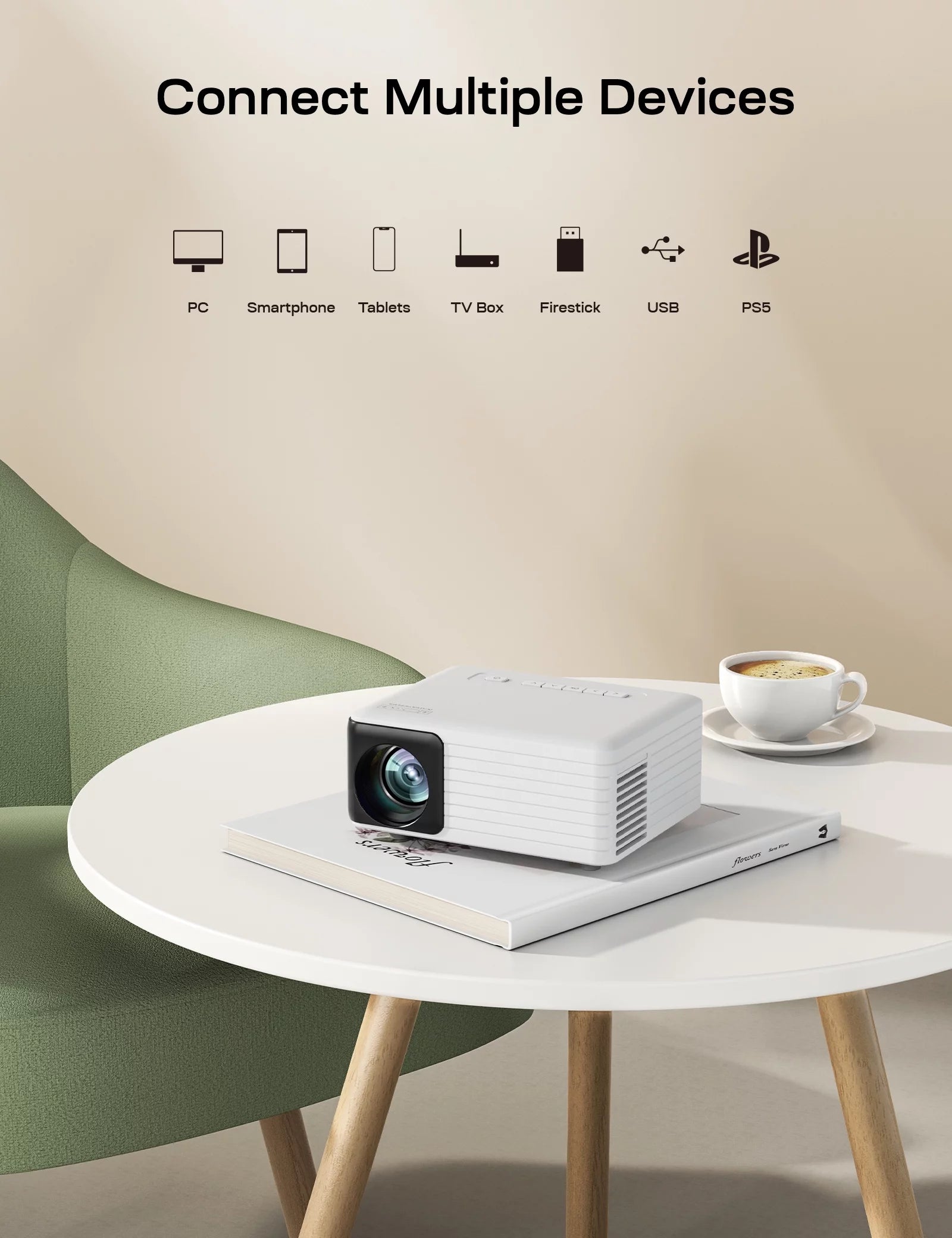 Ultra Bright 1080P Mini Projector - 4000 Lumens LED Outdoor Theater with 60,000 Hours Lamp Life - Sleek Black Design